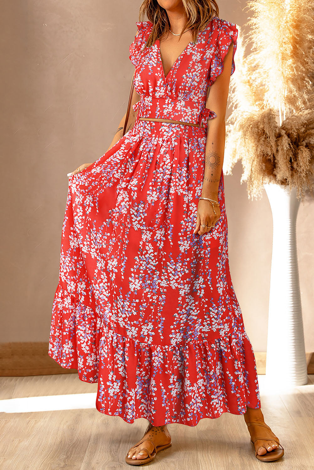 Black Multicolor Floral Ruffled Crop Top and Maxi Skirt Set by Wild and Free Boutique