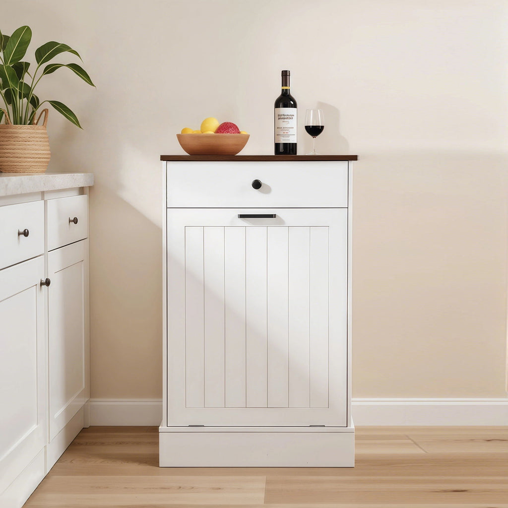 Tilt Out Trash Cabinet With Drawer, 10 Gallon Hamper - White by Unique Piece Furniture