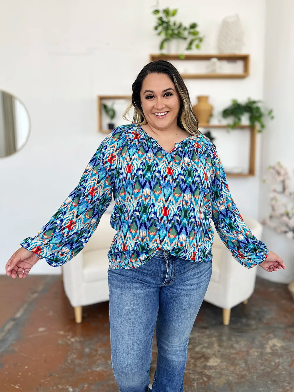 Double Take Full Size Printed Balloon Sleeve Blouse by Wild and Free Boutique