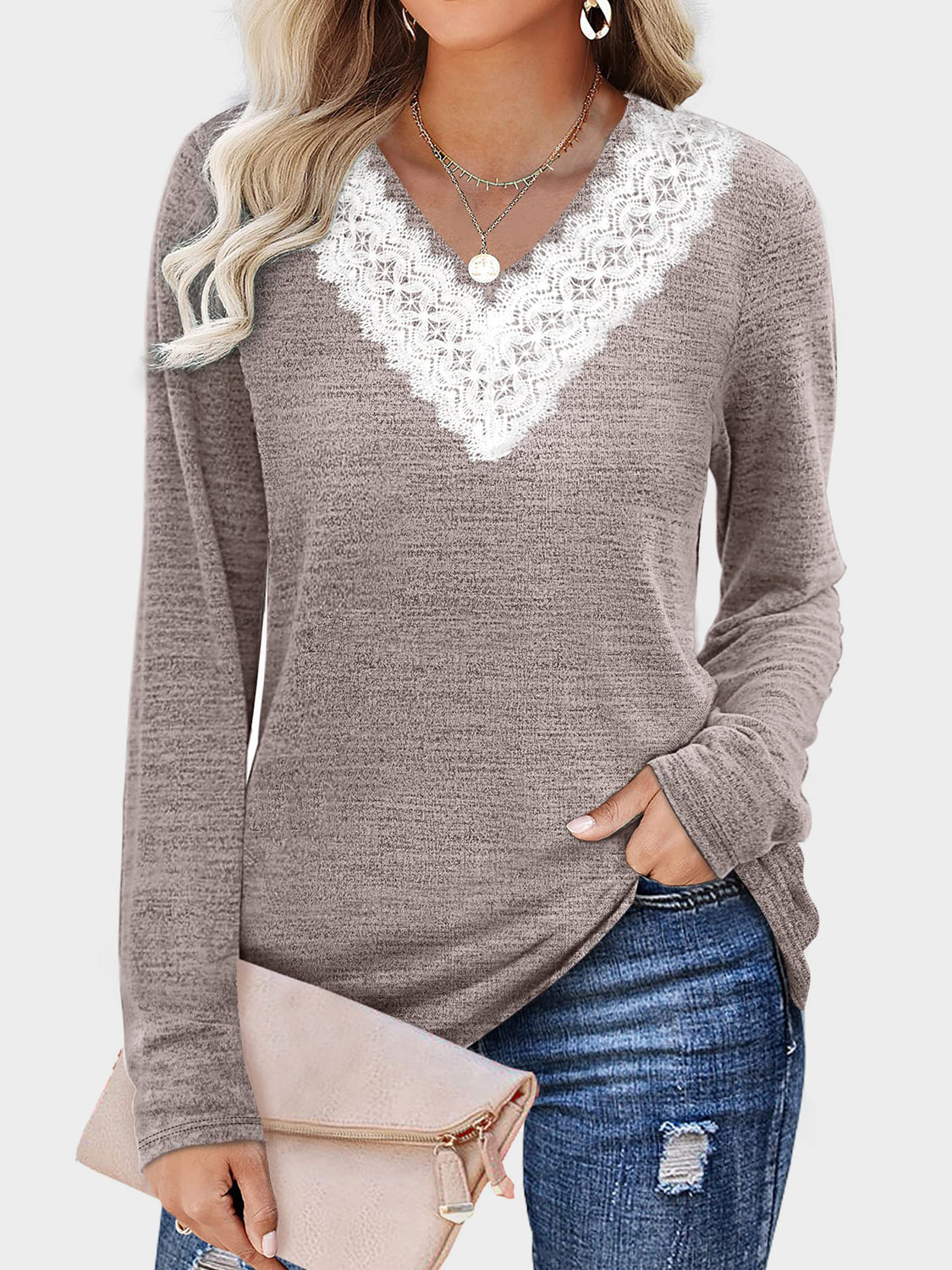 Lace Detail V-Neck Long Sleeve T-Shirt by Wild and Free Boutique