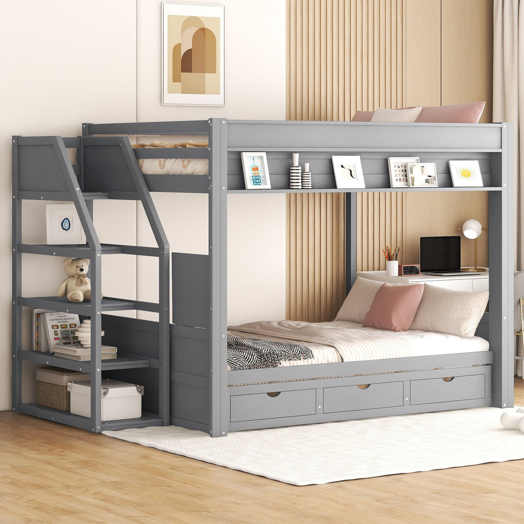 Wood Full Size Convertible Bunk Bed With Storage Staircase, Bedside Table, And 3 Drawers - Gray by Unique Piece Furniture