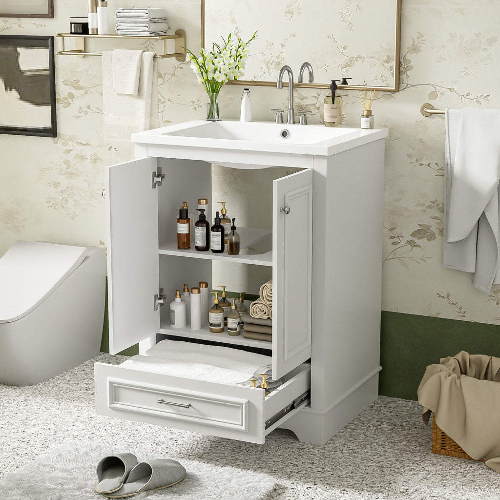 Bathroom Vanity With Ceramic Sink Combo, Modern Freestanding Storage Cabinet With Silver Handles by Unique Piece Furniture