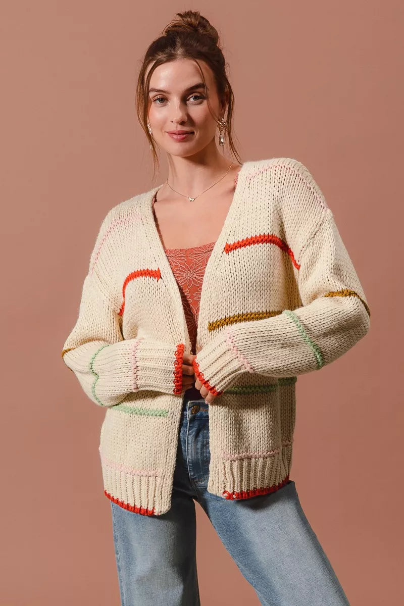 SO ME Loose Fit Multi Stripe Open Front Cardigan by FitiqueFit