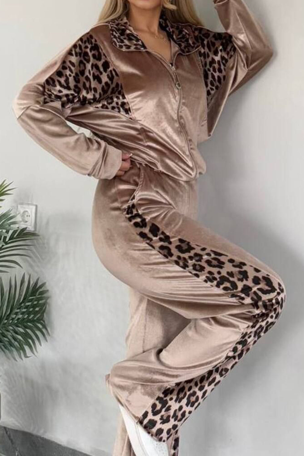 Full Size Collared Neck Leopard Zip Up Top and Pants Set Plus Size by Wild and Free Boutique