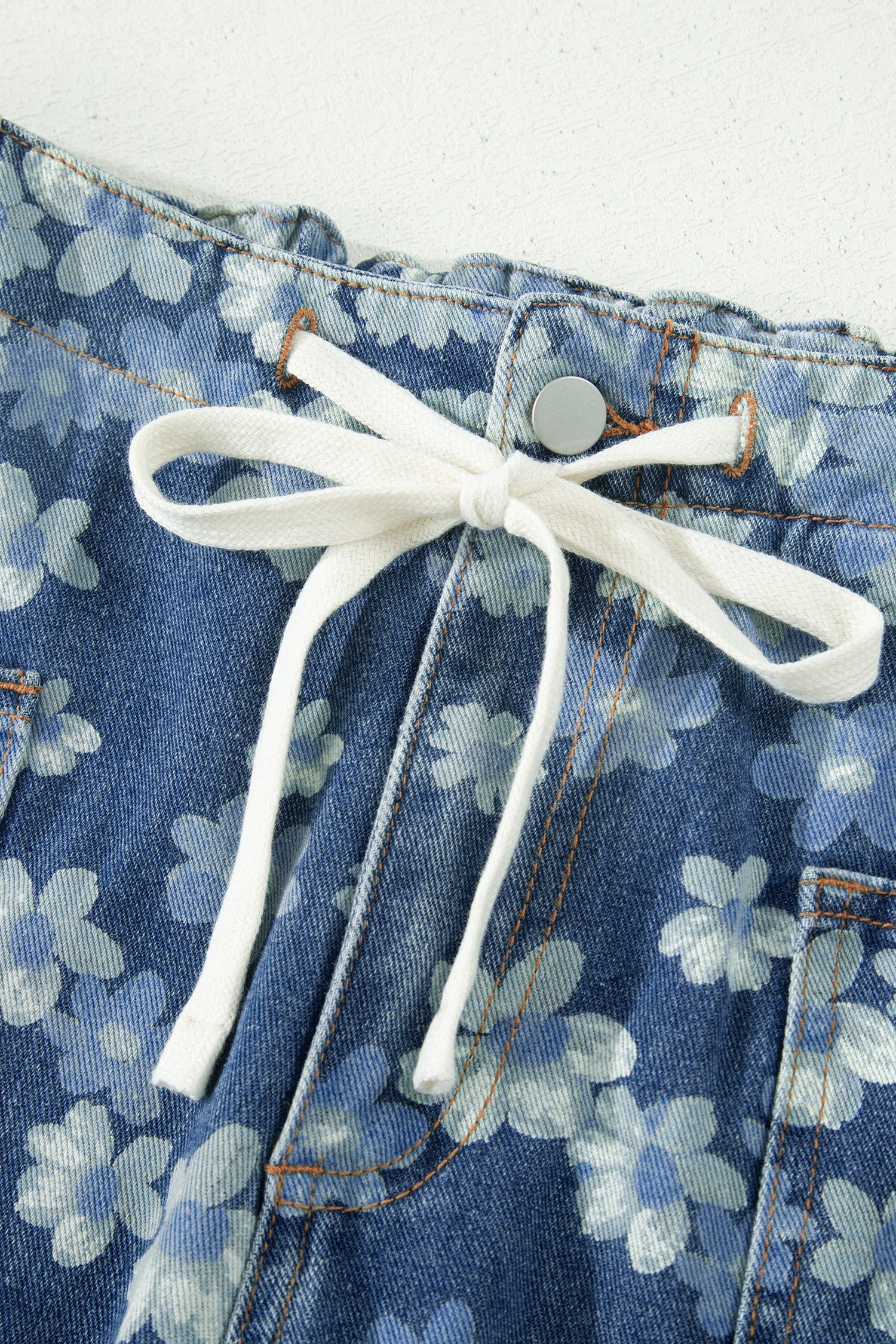 Sky Blue Dainty Floral Printed Drawstring Barrel Jeans by Wild and Free Boutique