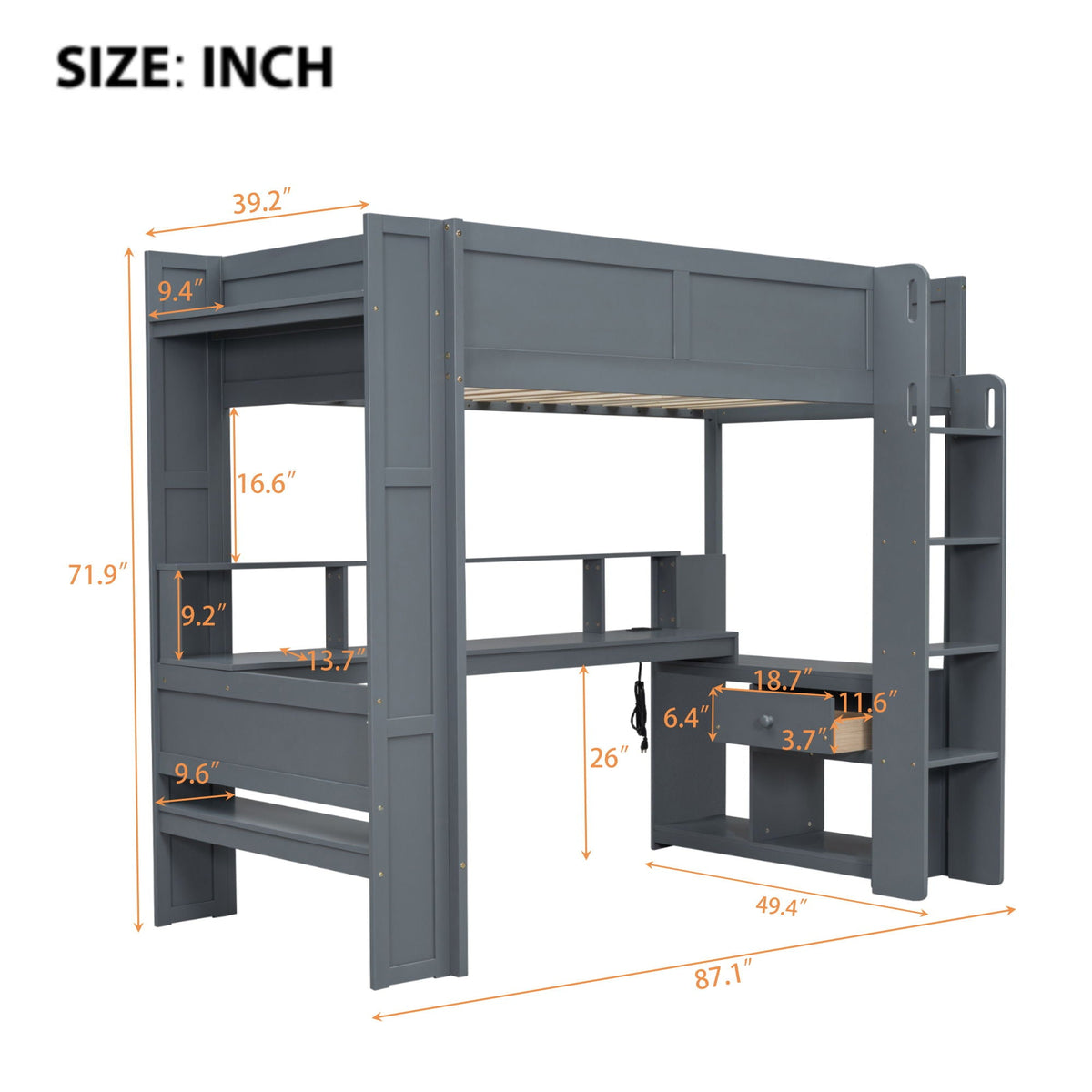 Gaming Loft Bed With Desk, Multi Storage Shelves, LED And Charging Station by Unique Piece Furniture