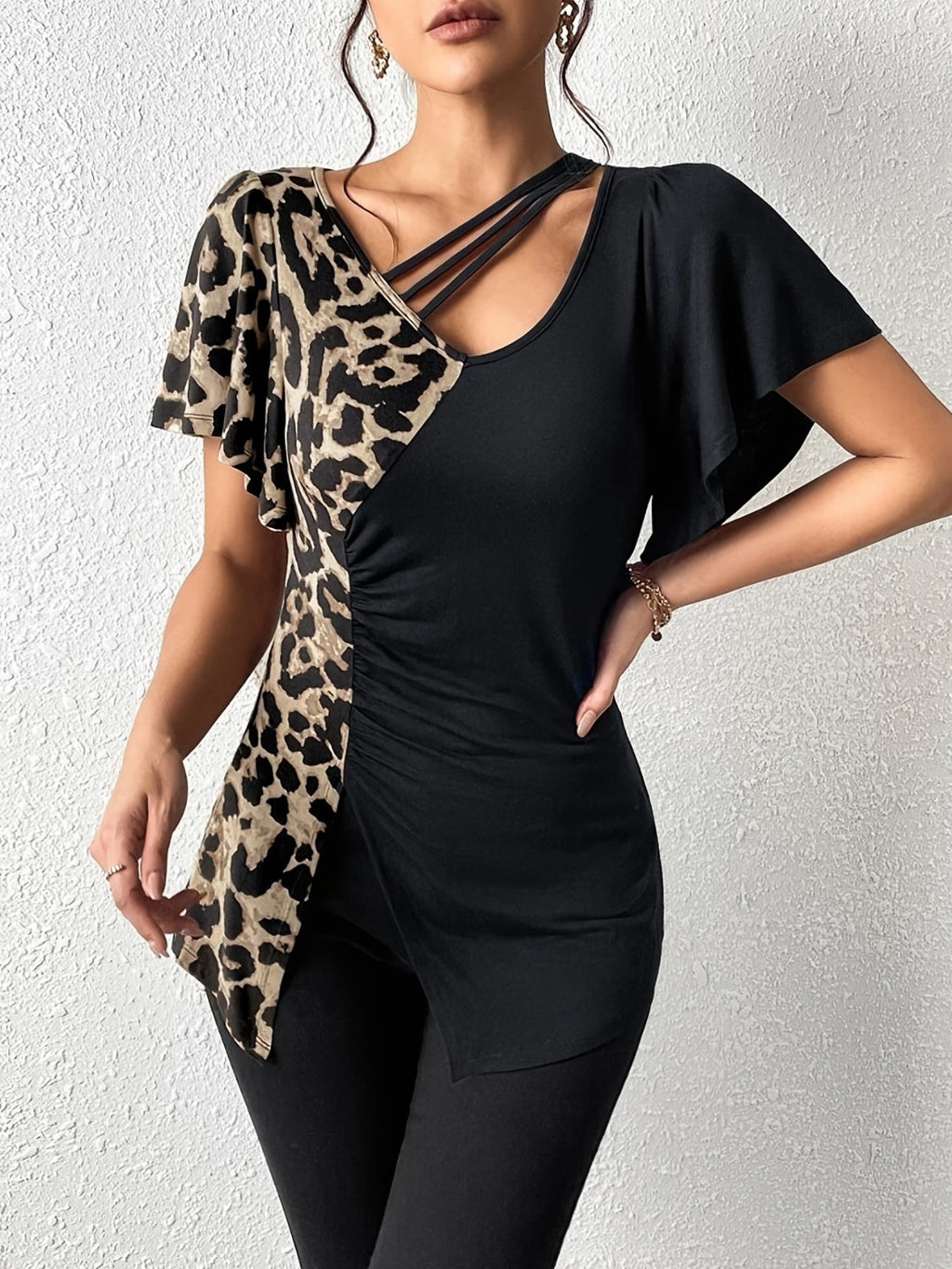 Ruched Leopard Flutter Sleeve T-Shirt by Wild and Free Boutique