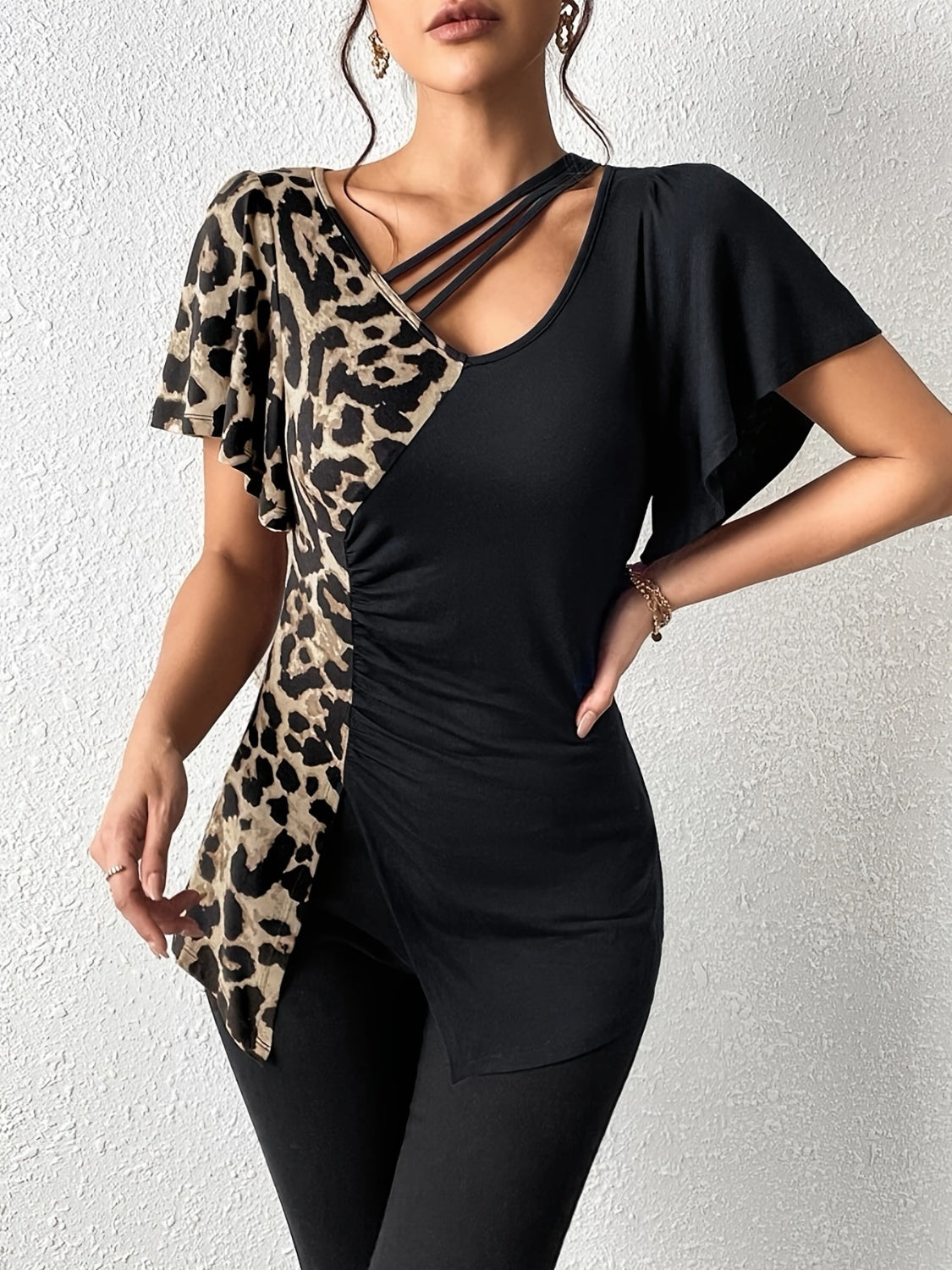 Ruched Leopard Flutter Sleeve T-Shirt by Wild and Free Boutique