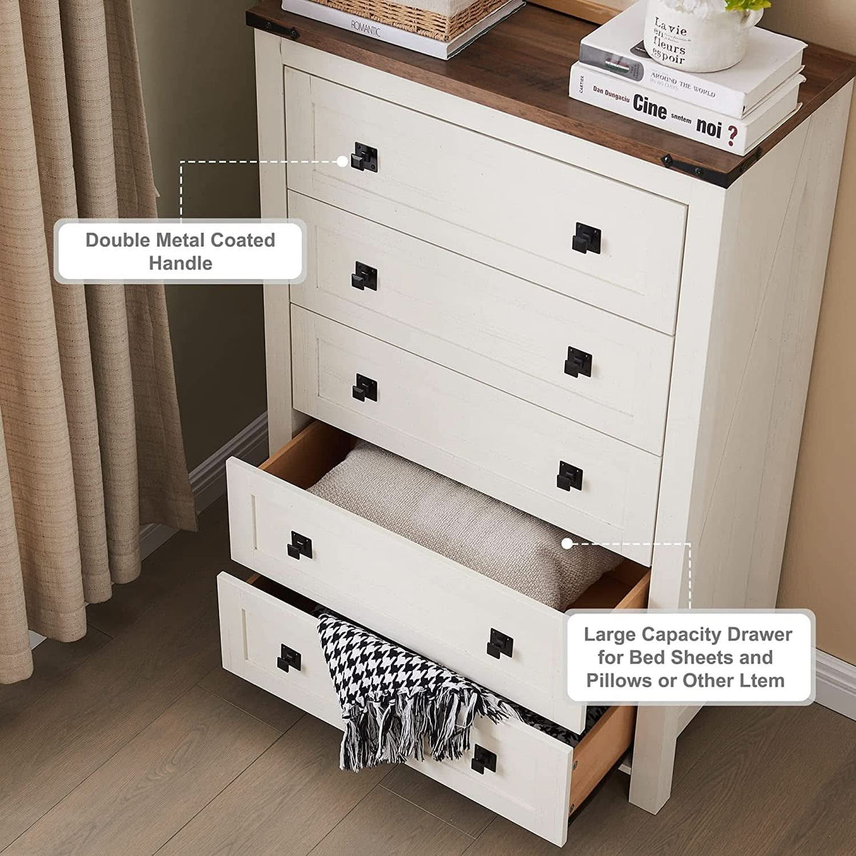 Antique White Rustic 5 Drawer Dresser For Bedroom Storage by ShipItFurniture
