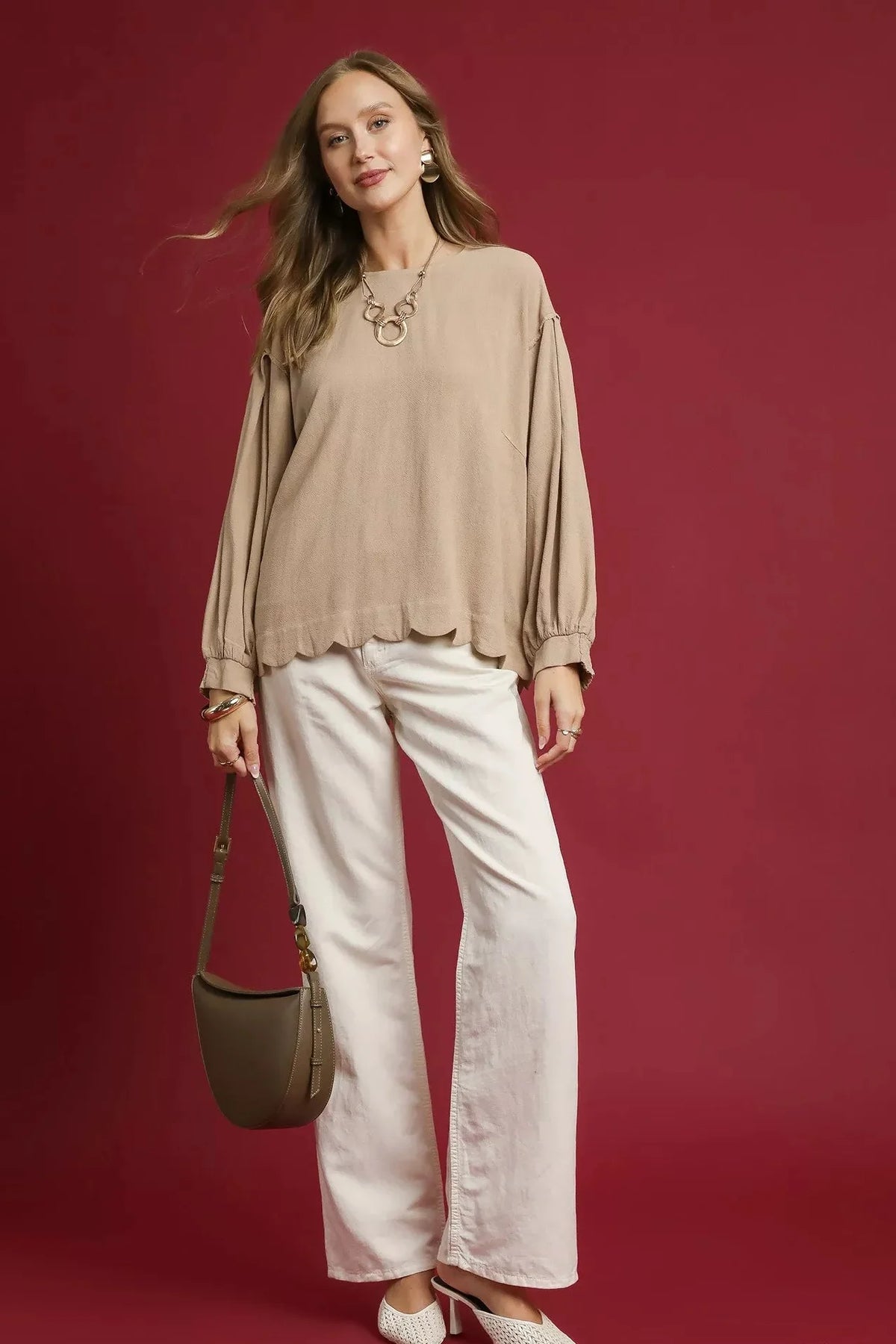 Umgee Linen Scallop Hem Long Sleeve Blouse | Fitiquefit by FitiqueFit