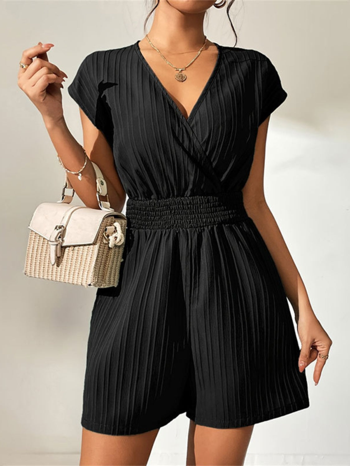 Tied Surplice Short Sleeve Romper by Wild and Free Boutique
