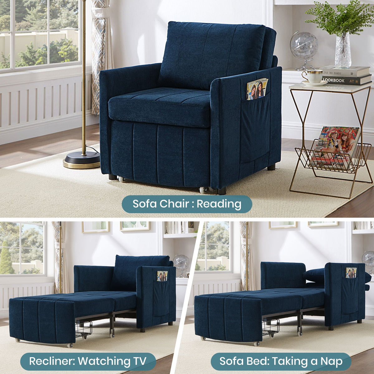 Upholstered Convertible Sleeper Sofa With 5 Position Backrest, Side Pockets, Storage by Unique Piece Furniture
