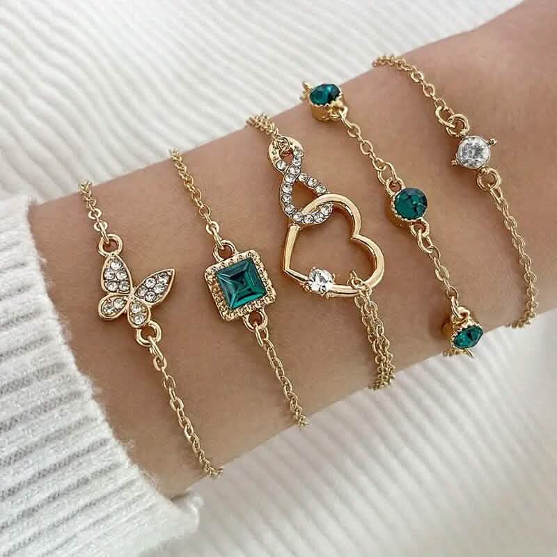 5-Pieces: Love Full Throw Diamond Shining Infinite Symbol Geometry Green Rhinestone Bracelet Set by DailySale