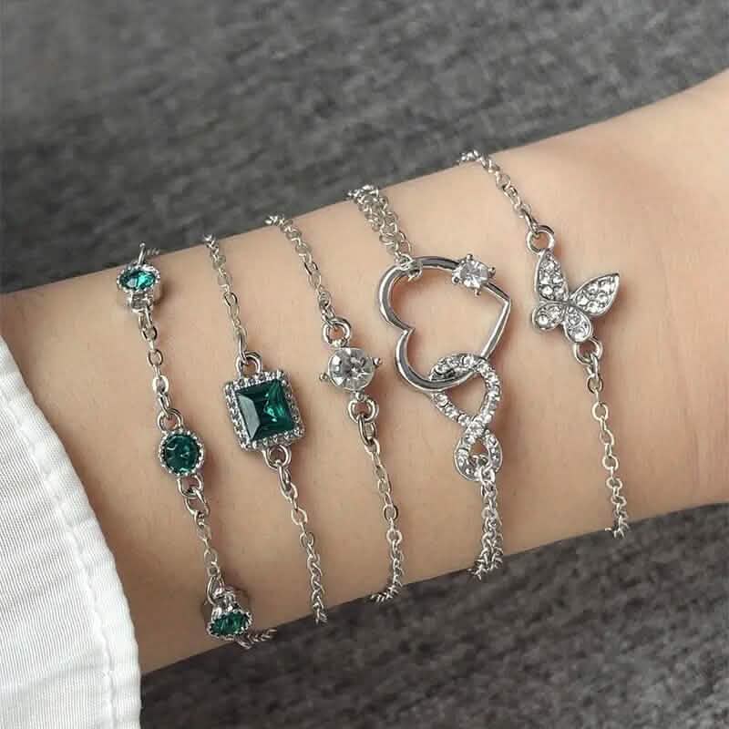 5-Pieces: Love Full Throw Diamond Shining Infinite Symbol Geometry Green Rhinestone Bracelet Set by DailySale