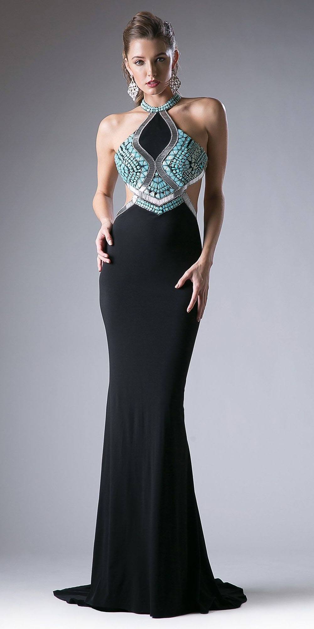 Cinderella Divine 5012 Halter Beaded Cut Out Bodice Long Dress Open Back by DiscountDressShop