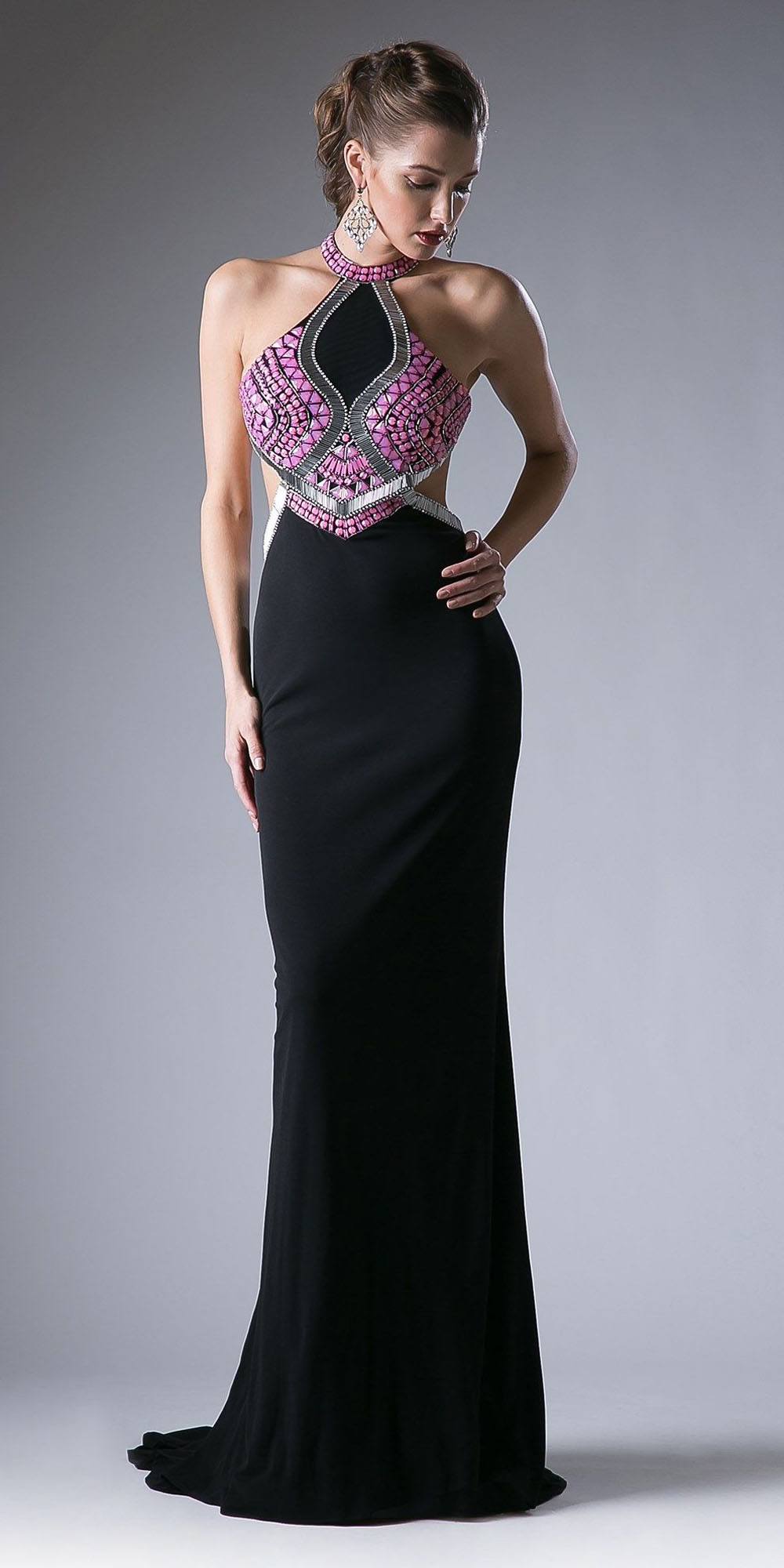 Cinderella Divine 5012 Halter Beaded Cut Out Bodice Long Dress Open Back by DiscountDressShop