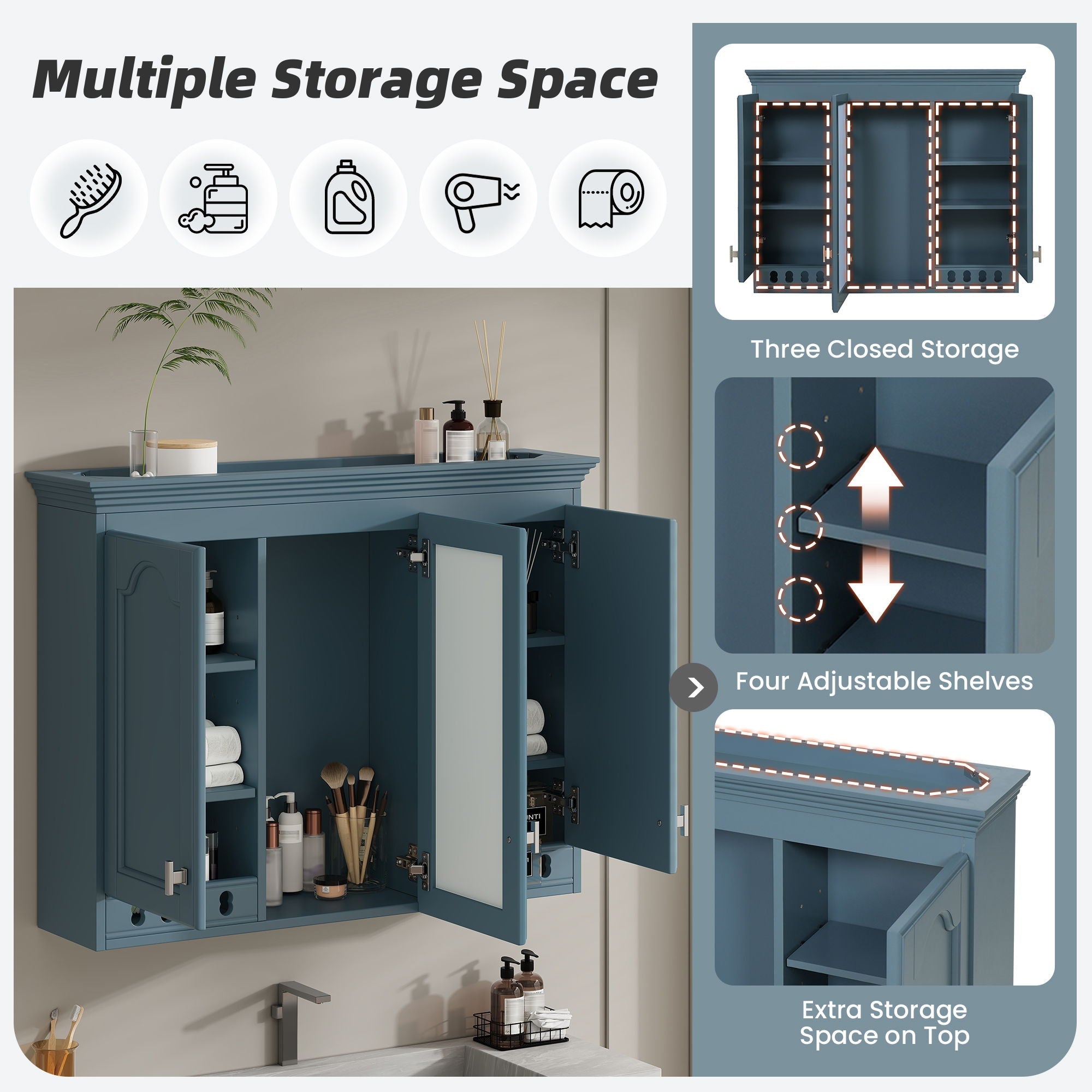 Wall Mount Mirror Cabinet With Adjustable Shelves, Soft Closing Hinges by Unique Piece Furniture