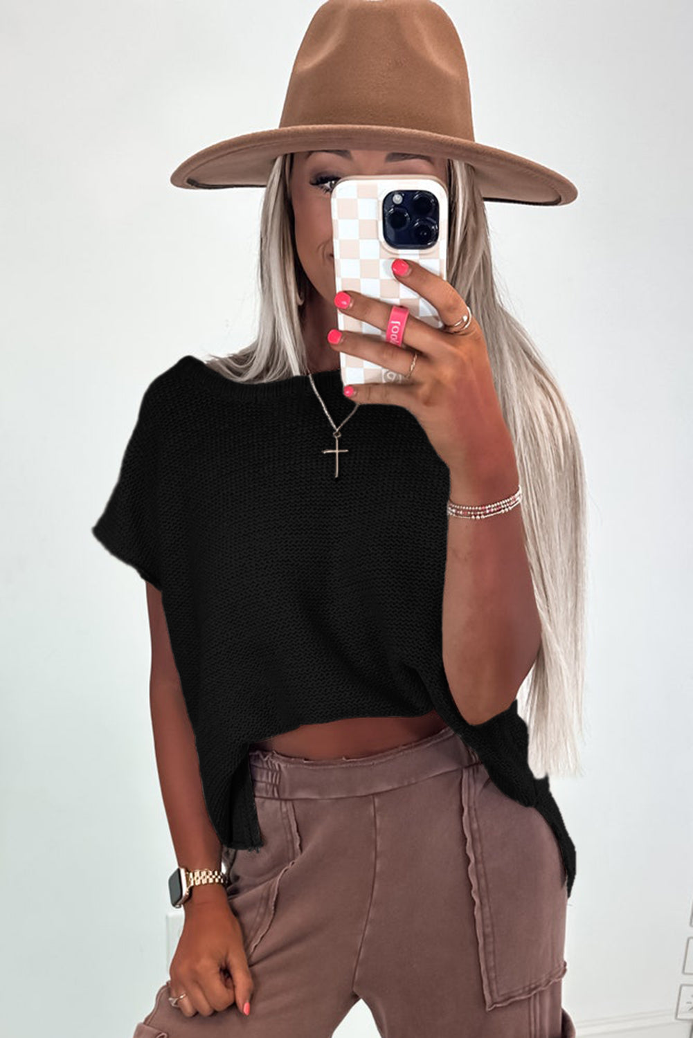 Black Solid Color Sweater Tee with Side Slits by Wild and Free Boutique