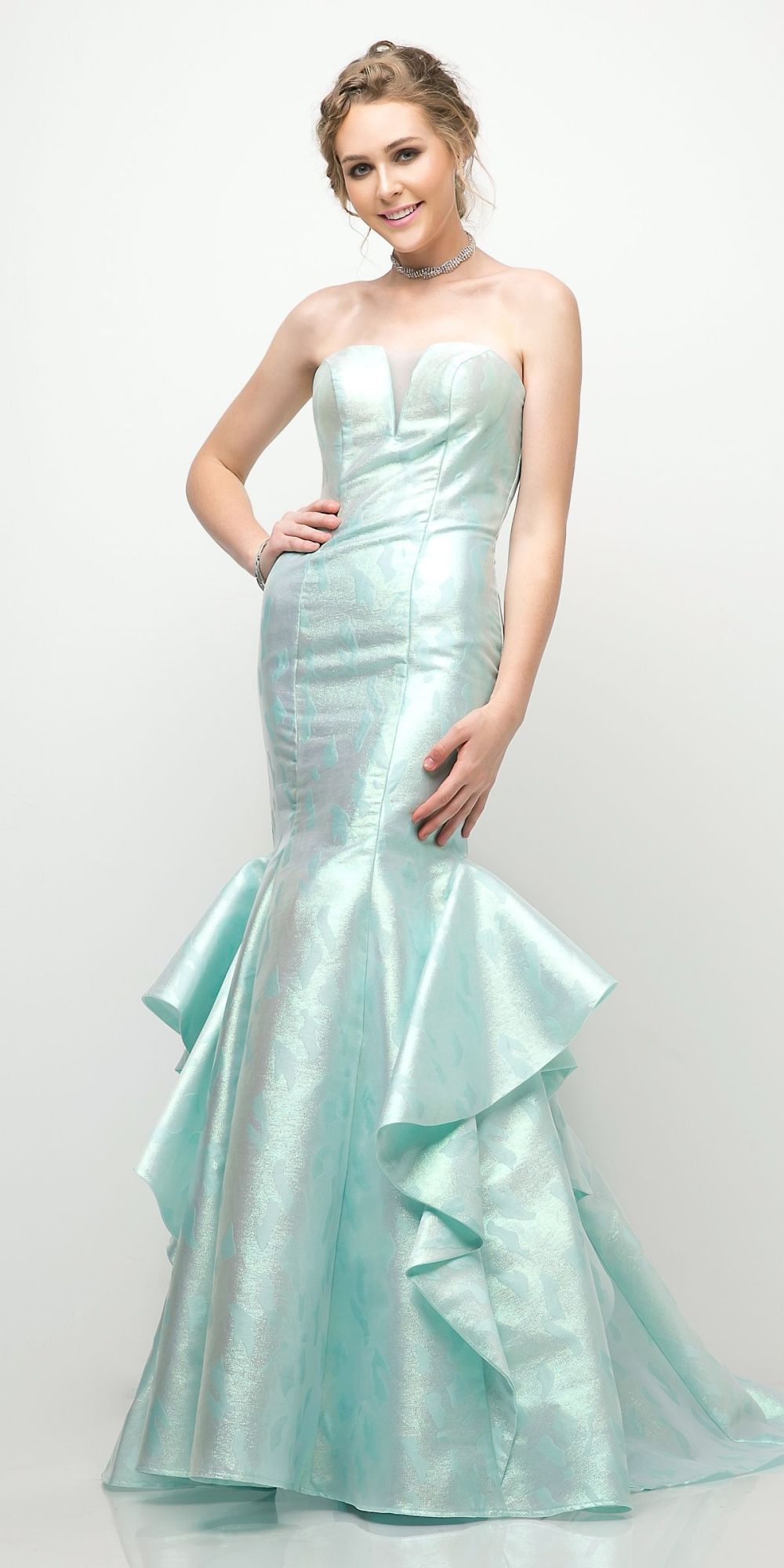 Cinderella Divine A5033 Strapless Jacquard Layered Mermaid Gown V-Neckline by DiscountDressShop