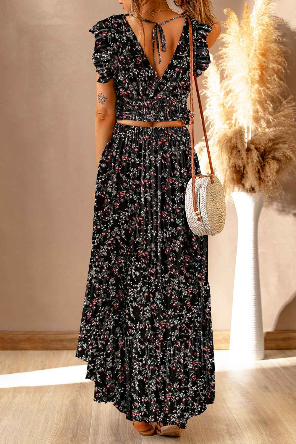 Black Multicolor Floral Ruffled Crop Top and Maxi Skirt Set by Wild and Free Boutique