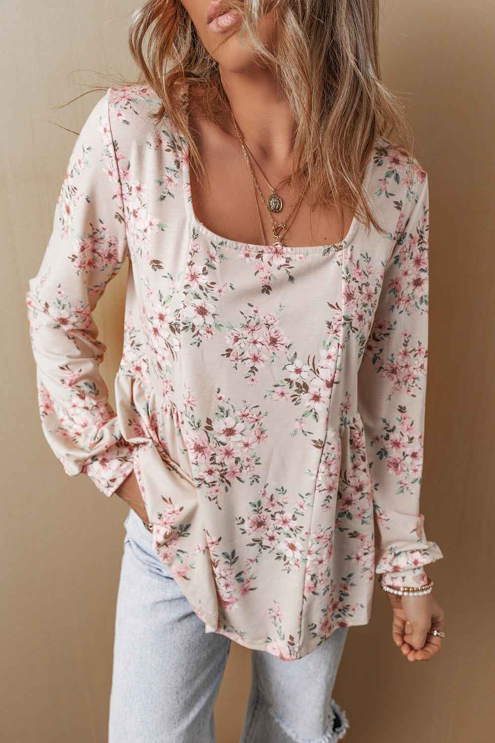 Pink Floral Print Pleated U Neck Loose Fit Blouse by Wild and Free Boutique