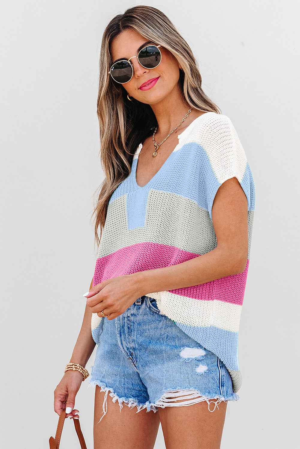 Light Blue Color Block Notch V Neck Sweater T Shirt by Dear-Lover Dropshipping