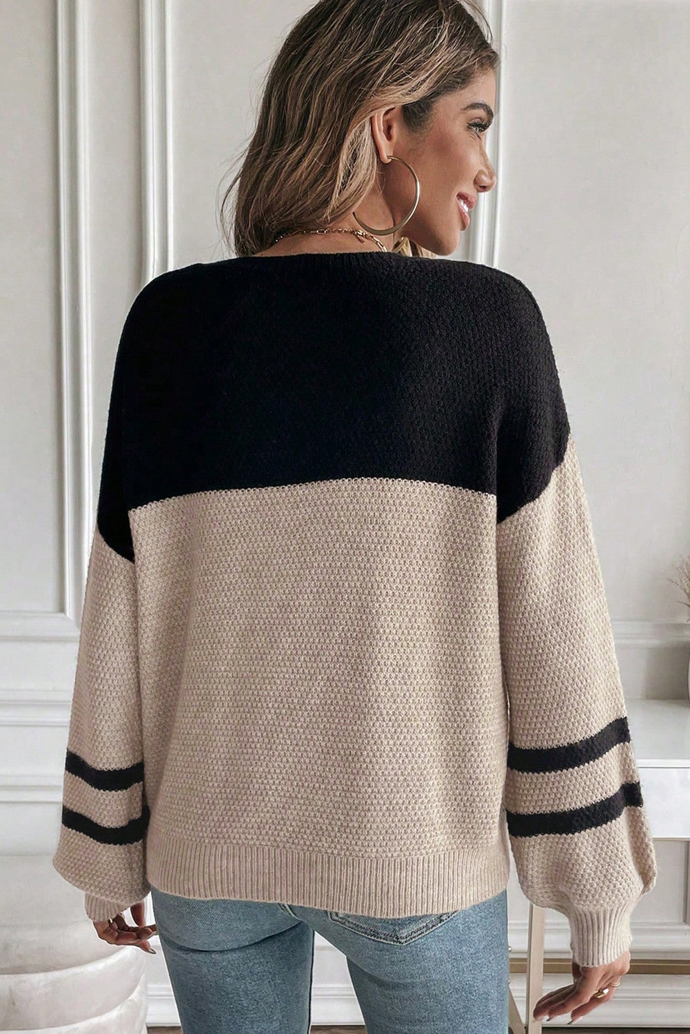 Dark Brown Color Block Knit Striped Sleeve Detail Casual Sweater by Wild and Free Boutique