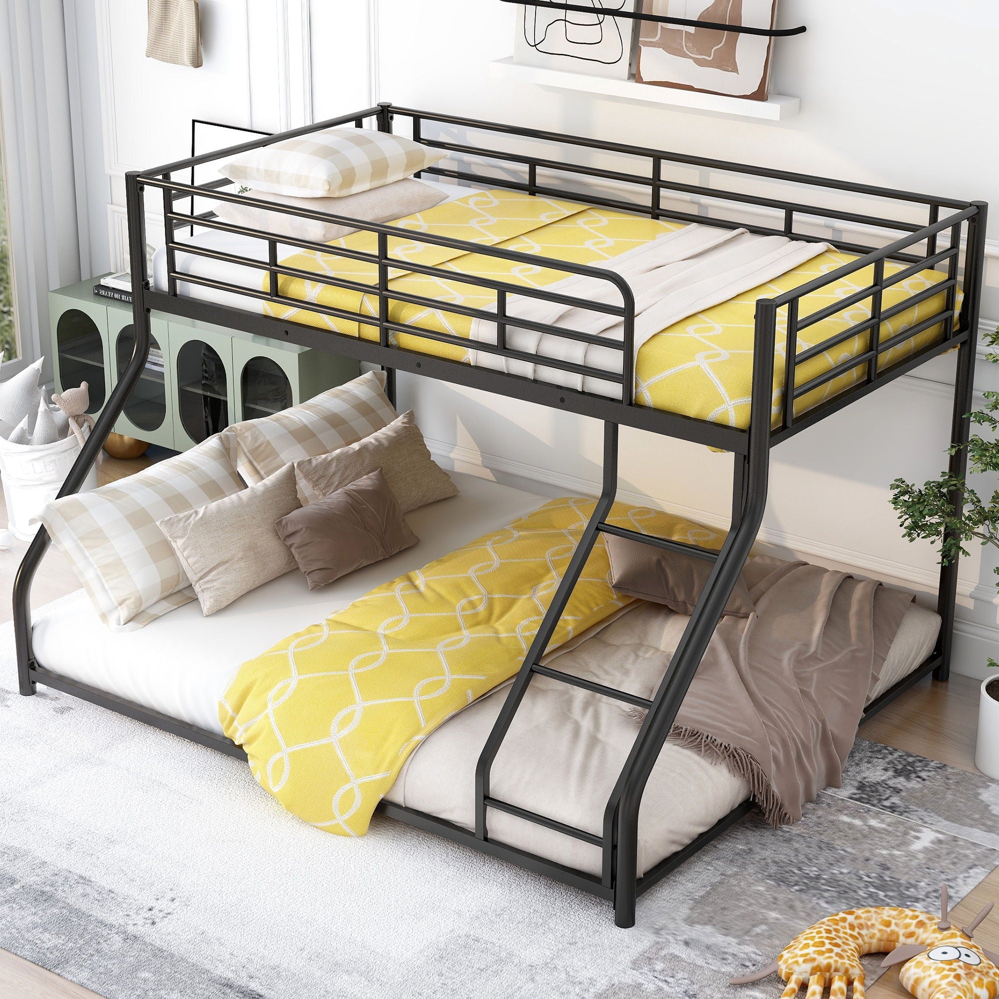 Metal Floor Bunk Bed With Sloped Ladder, Space Saving Design by Unique Piece Furniture