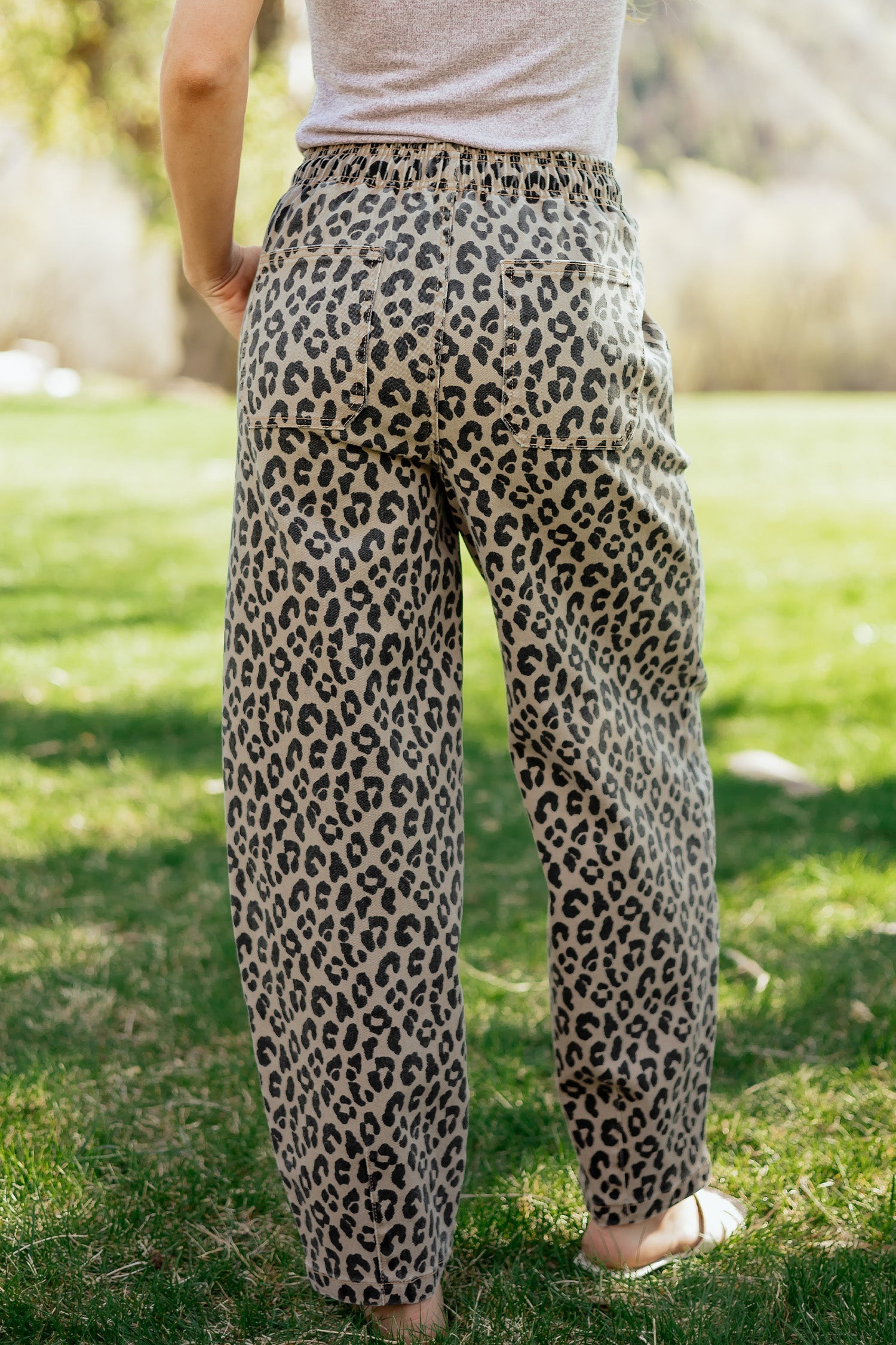 Khaki Leopard Print Drawstring Elastic Waist Loose Denim Pants with Pockets by Wild and Free Boutique