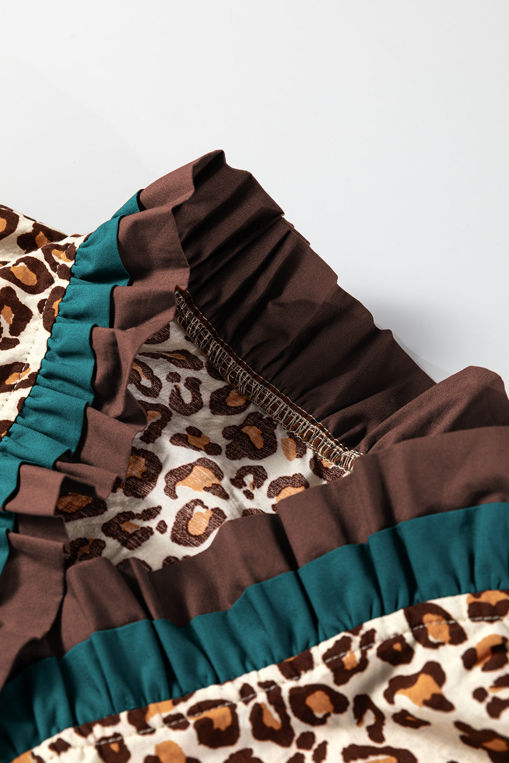 Brown Leopard Print Contrast Frilled Trim Button Down V Neck Shirt by Wild and Free Boutique