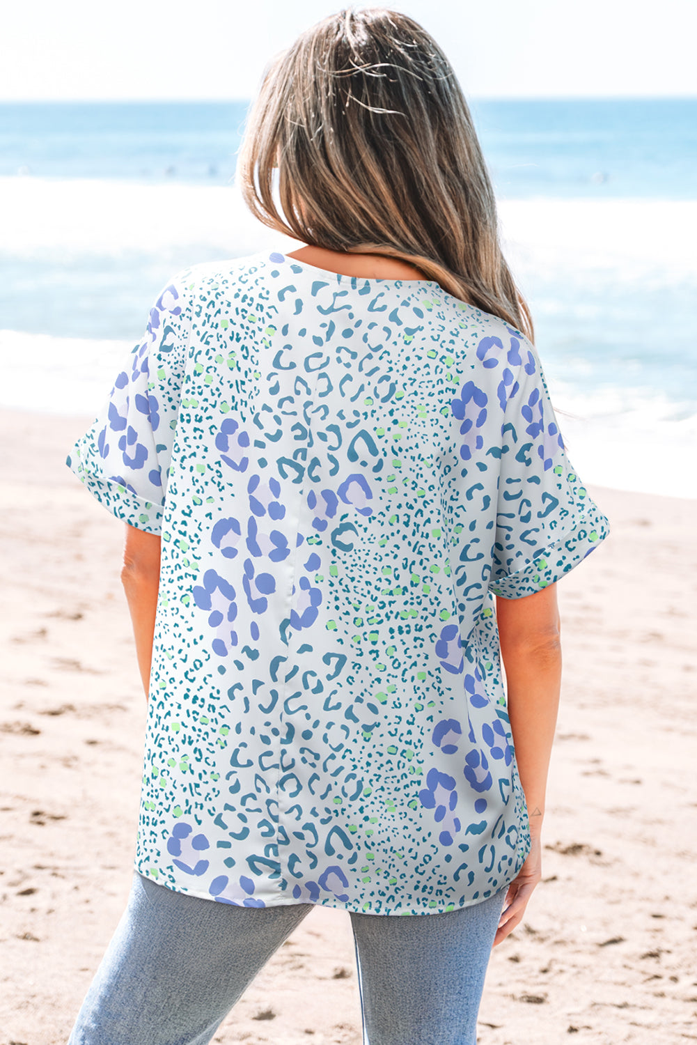 Sky Blue Mixed Leopard Print V Neck Short Sleeve Blouse by Wild and Free Boutique