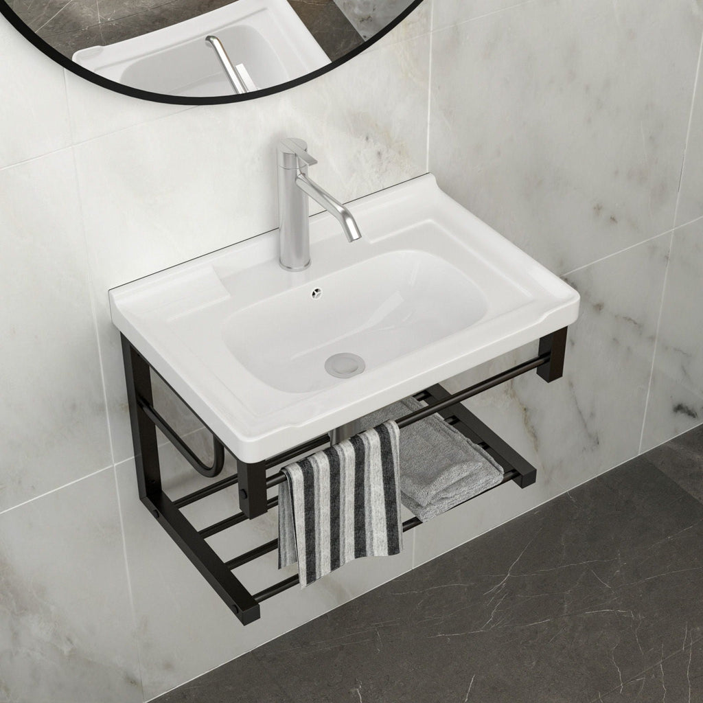 Wall Mounted Rectangular Bathroom Sink With Towel Bar & Overflow - White by Unique Piece Furniture