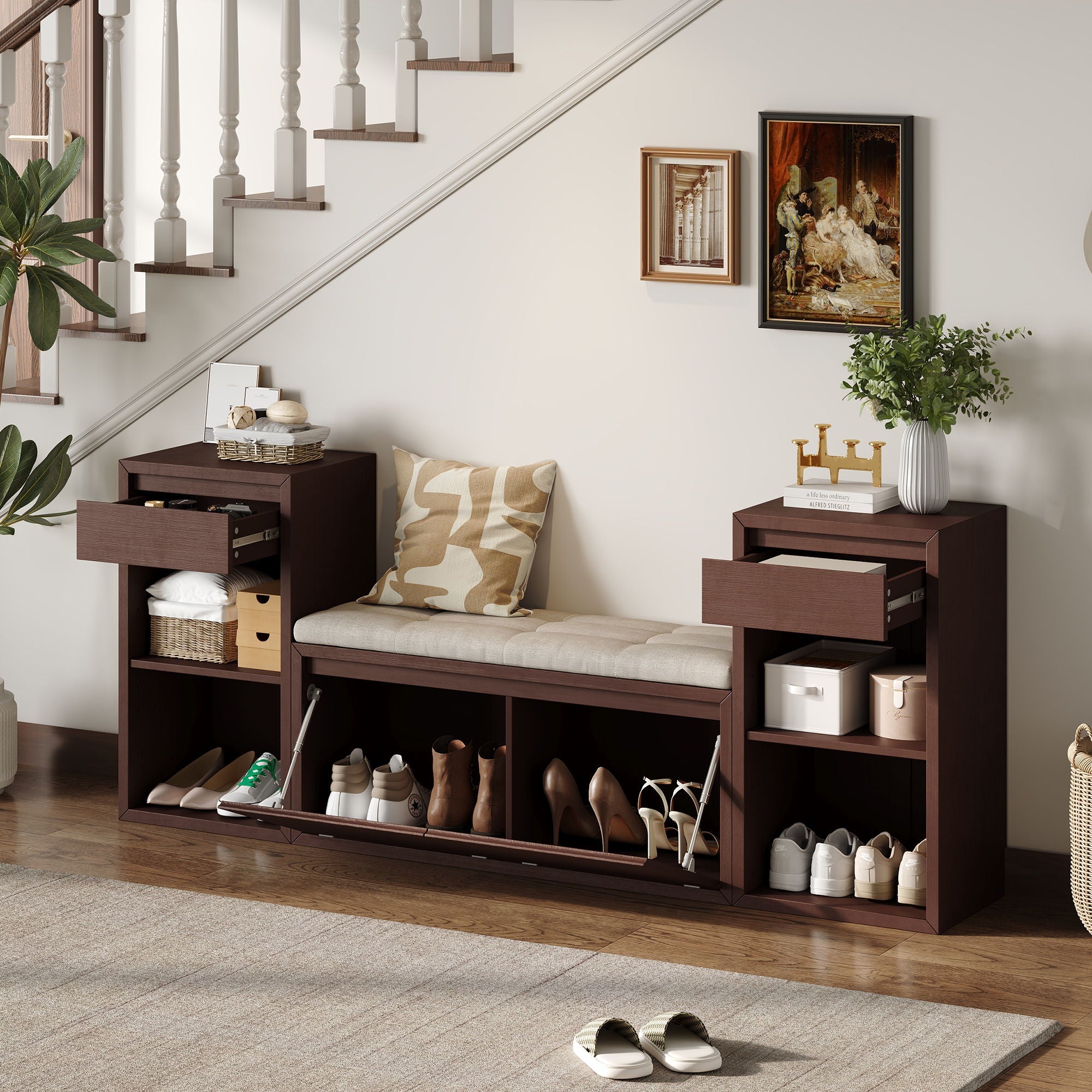 Entryway Storage Bench With Cushion, Drawers & Open Shelves by Unique Piece Furniture