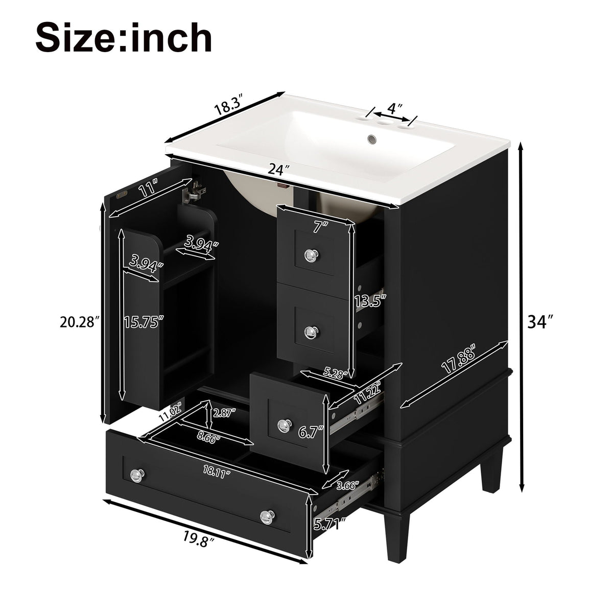 Bathroom Vanity With Integrated Basin, Soft Close Drawers, Door Mounted Double Layer Shelf by Unique Piece Furniture