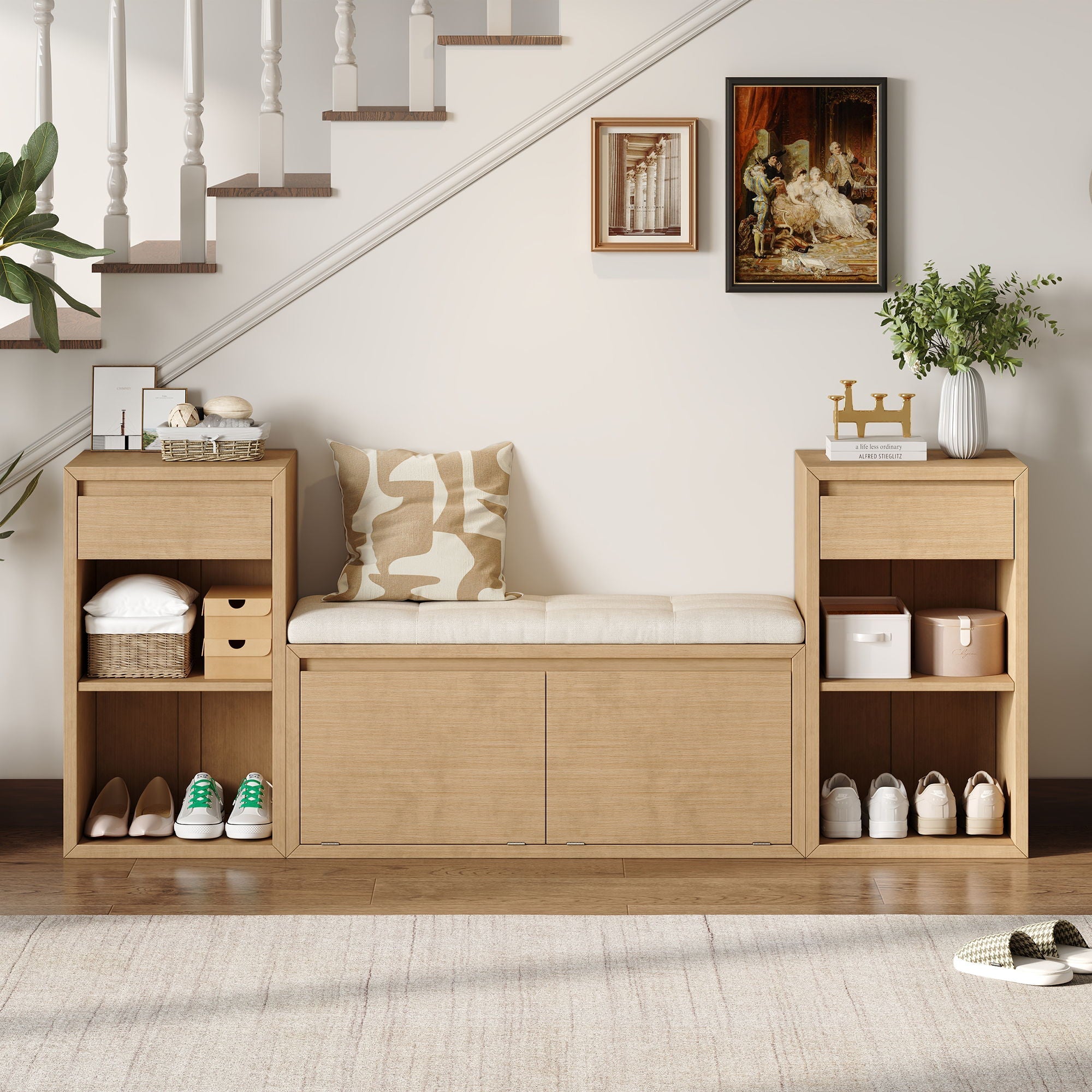 Entryway Storage Bench With Cushion, Drawers & Open Shelves by Unique Piece Furniture
