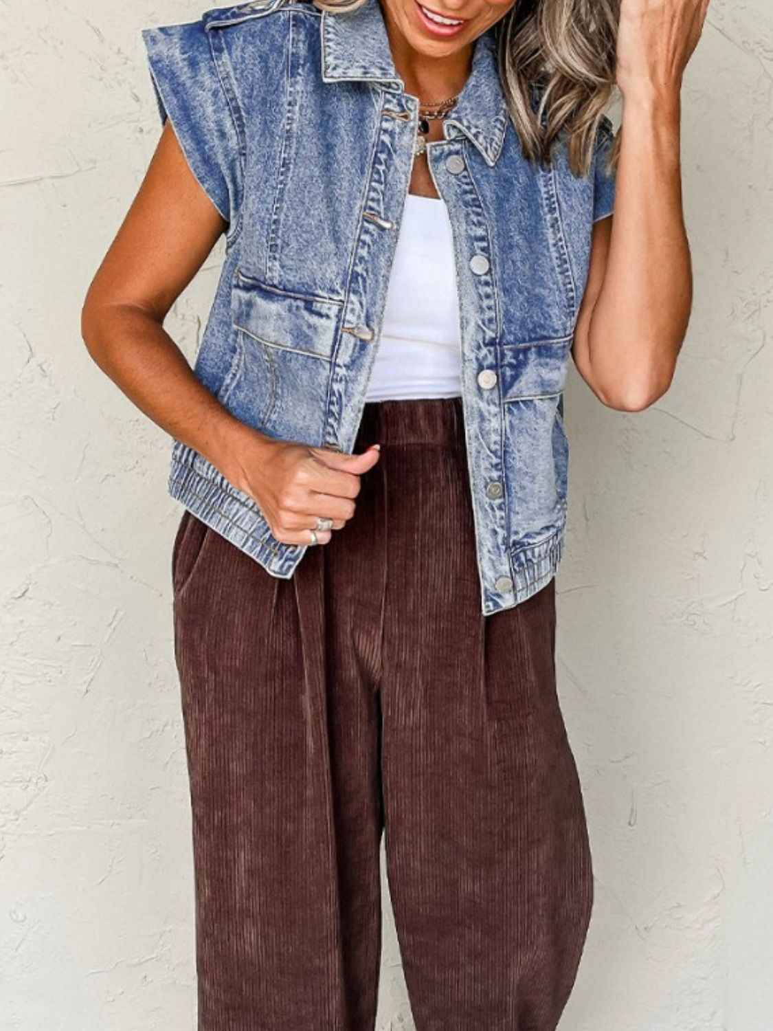 Button Up Cap Sleeve Denim Jacket by Wild and Free Boutique