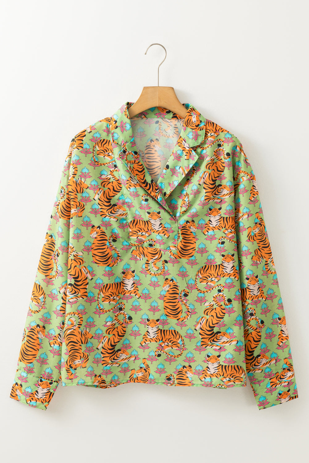 Green Tiger Floral Printed Collared V Neck Casual Shirt by Dear-Lover Dropshipping