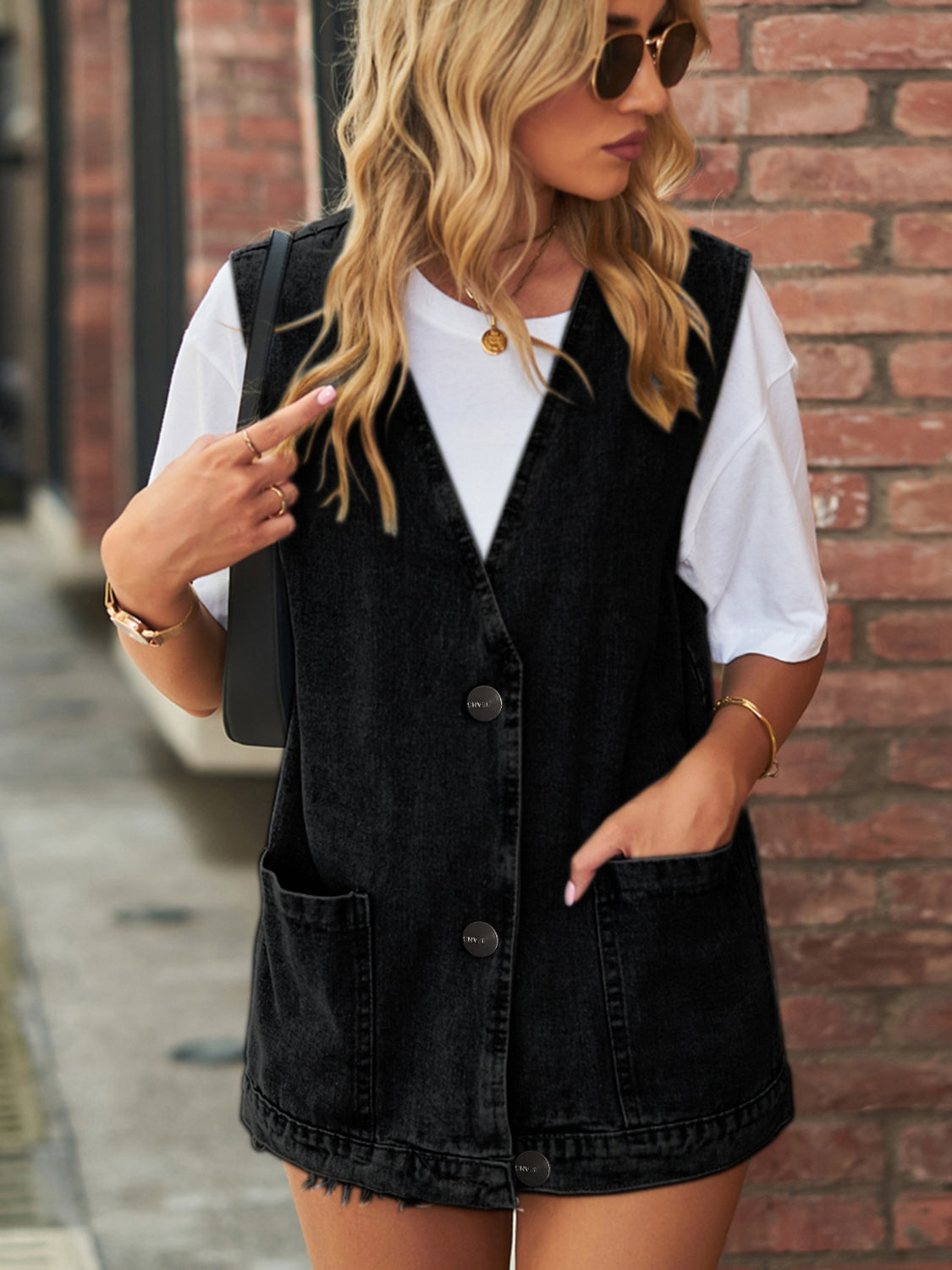Full Size V-Neck Button Up Denim Vest by Wild and Free Boutique