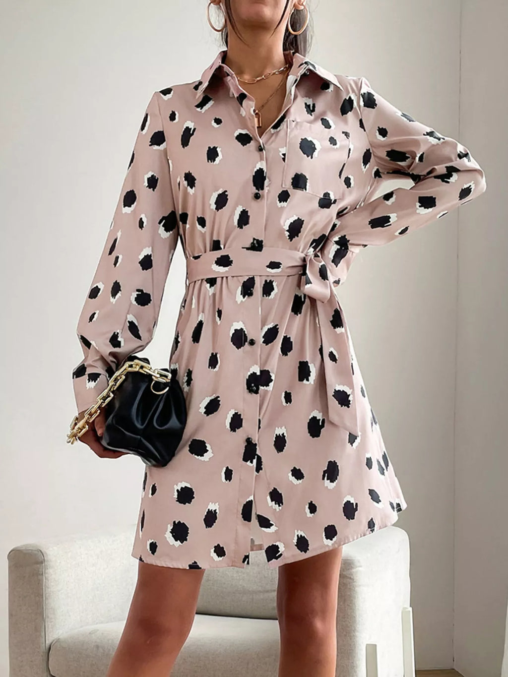 Printed Long Sleeve Mini Shirt Dress by Simply Love