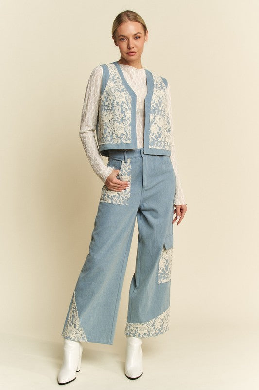 Davi & Dani Lace Patch Open Front Denim Vest by Wild and Free Boutique