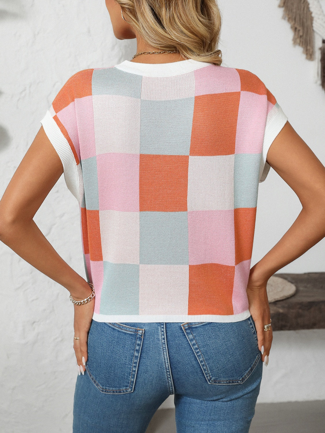 Mandy Checkered Round Neck Cap Sleeve Knit Top by Wild and Free Boutique