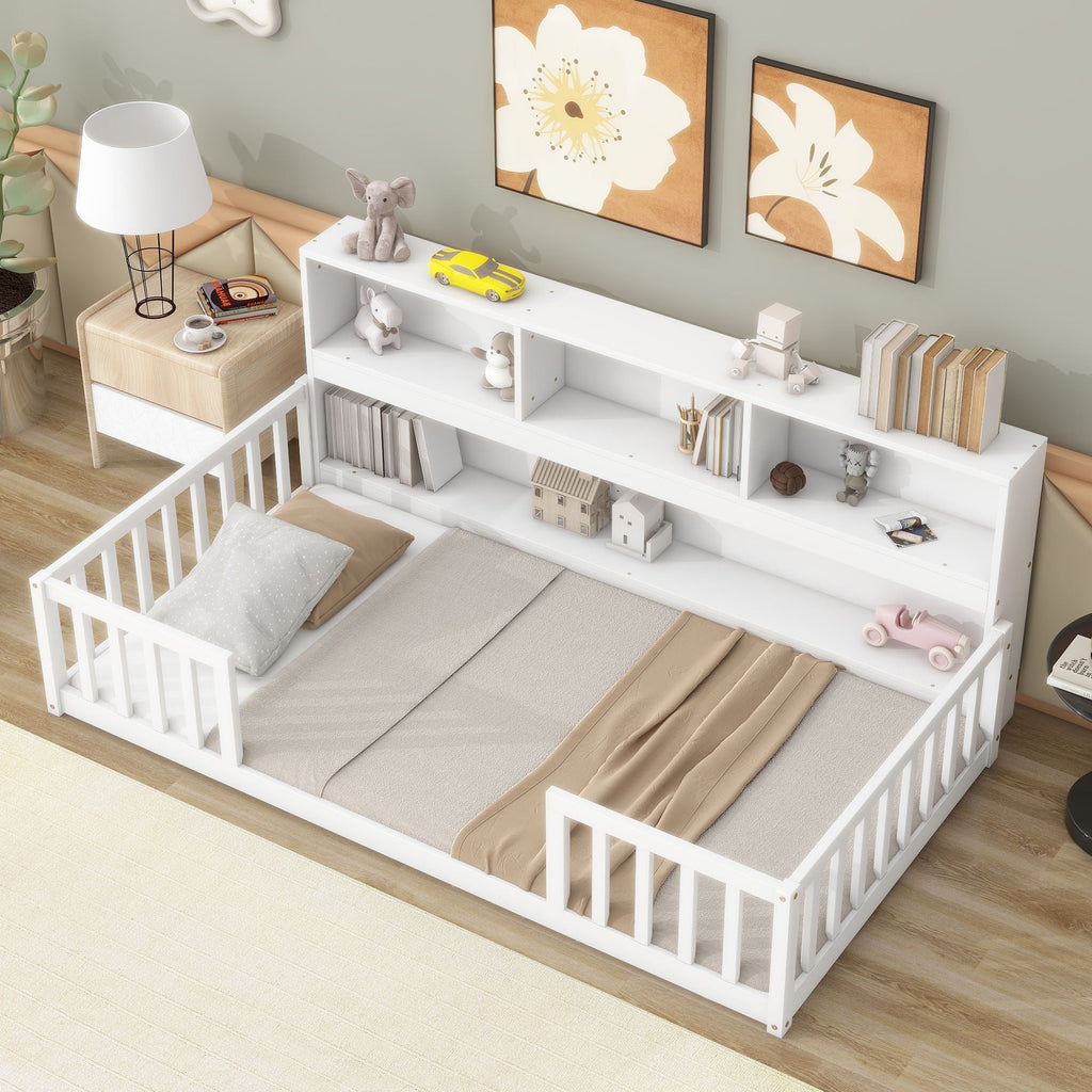 Floor Bed With Bedside Bookcase, Shelves, Guardrails by Unique Piece Furniture