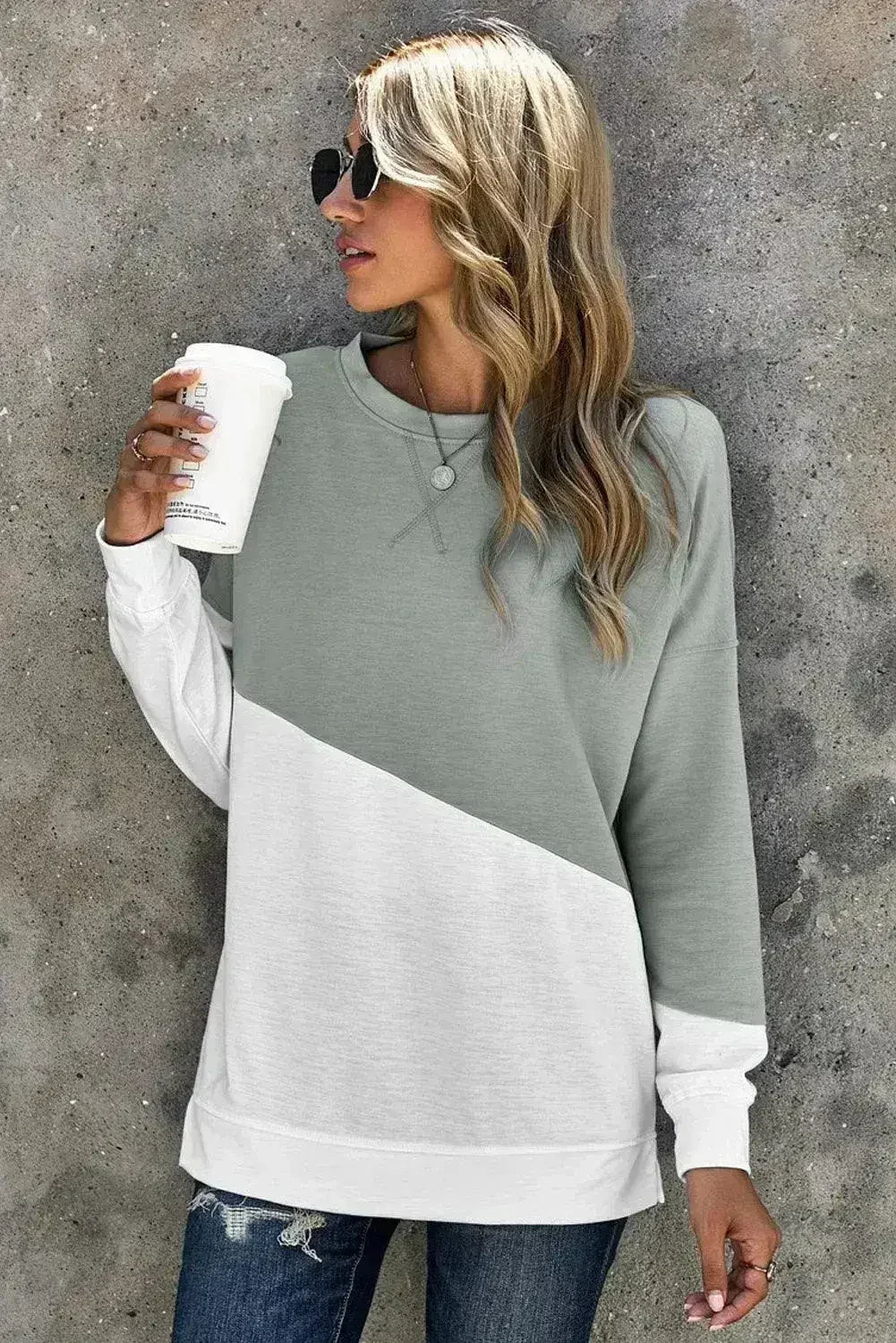 Gray White Patchwork Dropped Shoulder Sleeve Sweatshirt by Femstylo