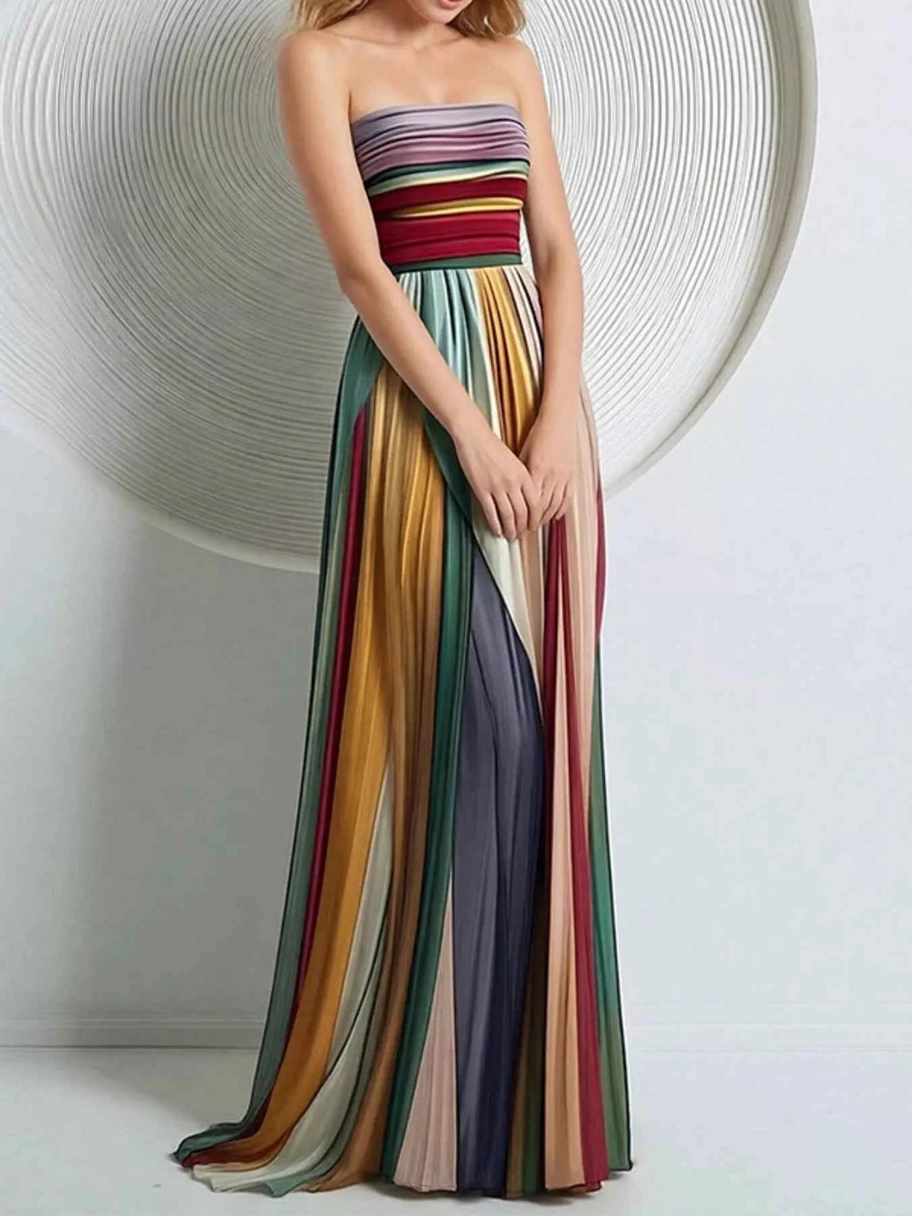 Striped Pleated Tube Maxi Dress