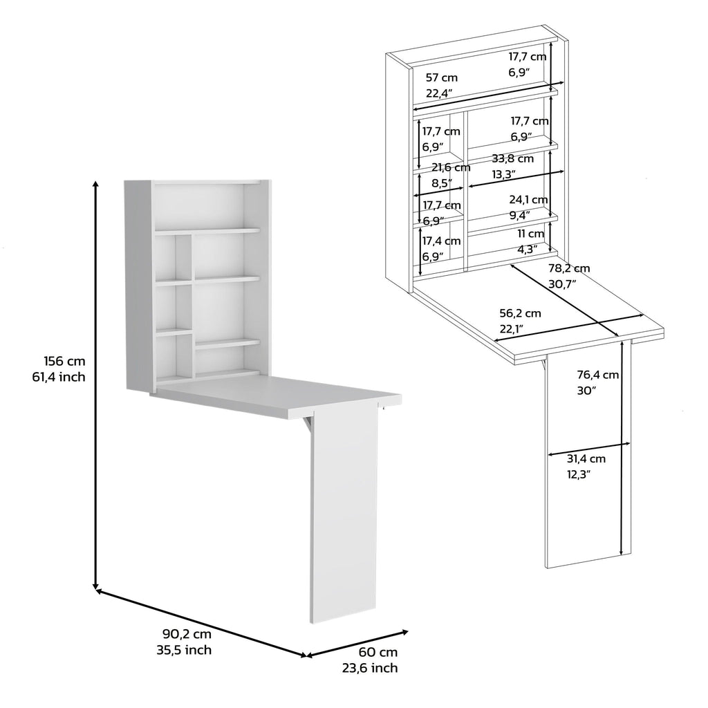 Wall Foldable Table With Multiple Shelves - White by Unique Piece Furniture