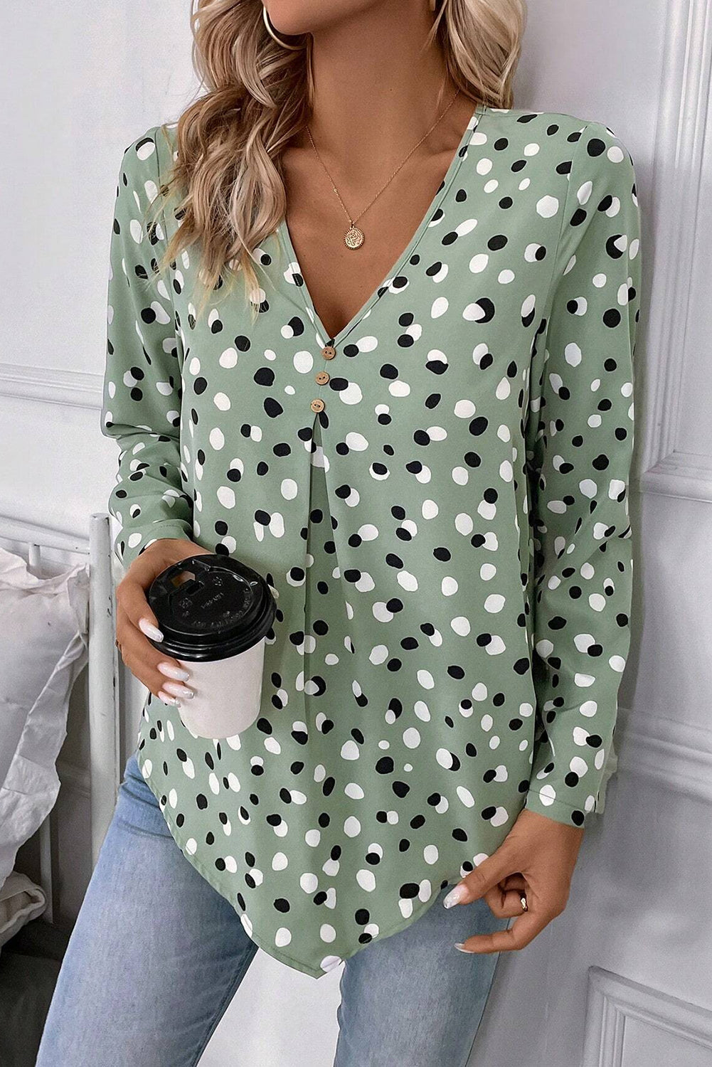 Green Polka Dot Print Button Front V Neck Blouse by Wild and Free Boutique