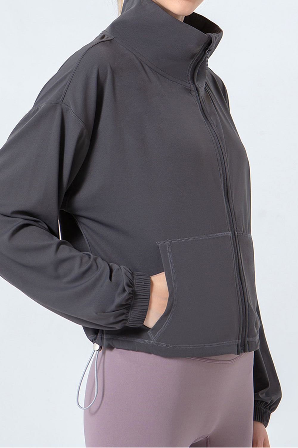 Drawstring Zip Up Dropped Shoulder Active Outerwear by Wild and Free Boutique