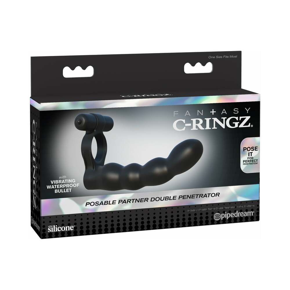 Fantasy C-Ringz Posable Partner Double Penetrator Vibrating Cockring Black by Pipedream