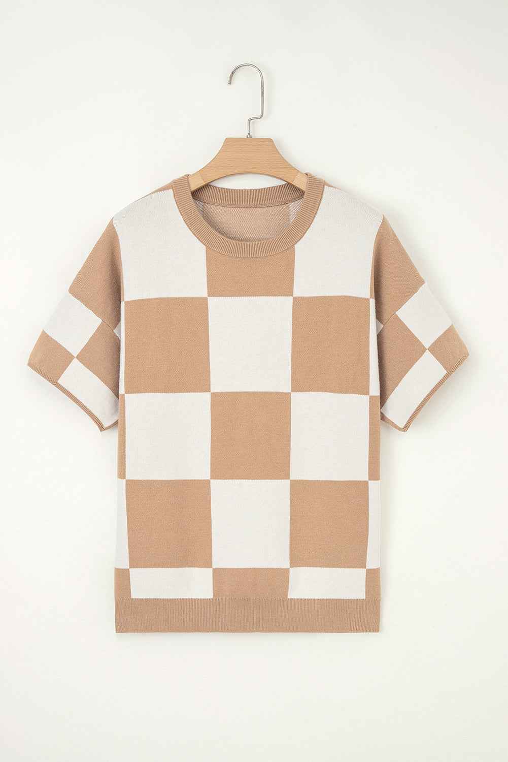 Light French Beige Checkered Pattern Loose Drop Shoulder Half Sleeve Sweater by Wild and Free Boutique