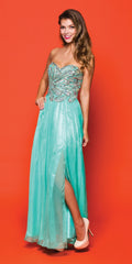 CLEARANCE - Juliet 548 Beaded Bodice Long Strapless Thigh Slit Formal Gown by DiscountDressShop